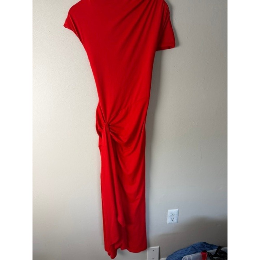 Red Asymmetrical Knot Front Maxi Dress Open Lace Up Back Cap Sleeve Gown